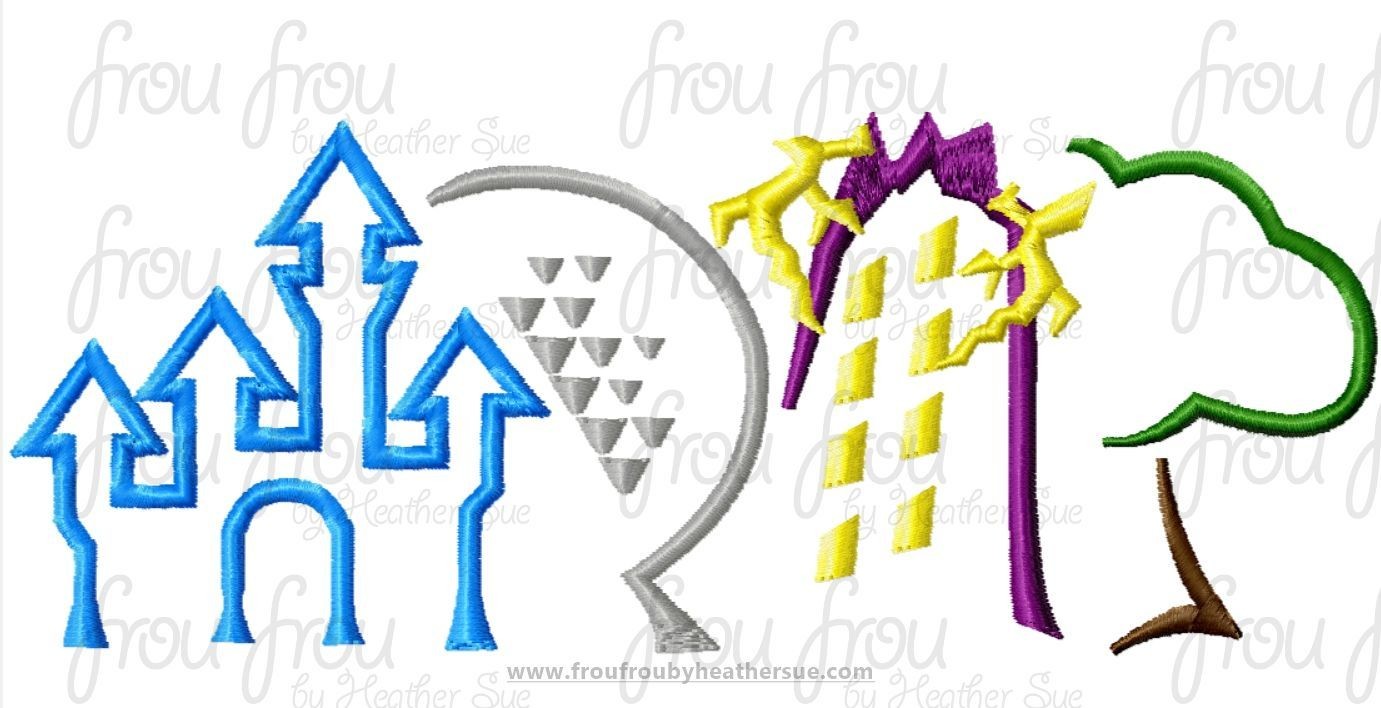 Four parks, One World with Hotel Theme Parks Machine Embroidery Design, multiple sizes including 1&quot;-16&quot;