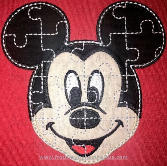 Puzzle Smiling Mister Mouse Face Autism Machine Applique and filled Embroidery Design 2"-12"