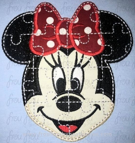 Puzzle Smiling Miss Mouse Face Autism Machine Applique and filled Embroidery Design 2"-12"