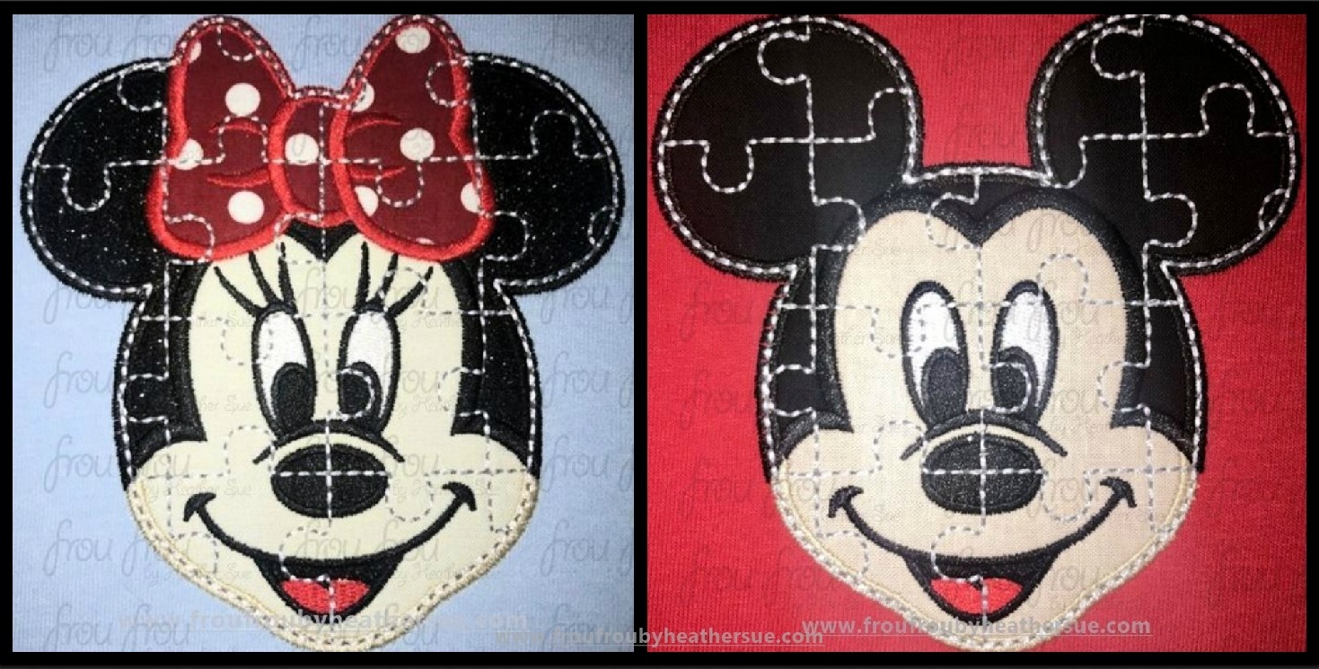 Puzzle Smiling Mister and Miss Mouse Face Autism TWO Design Set Machine Applique and filled Embroidery Design 2