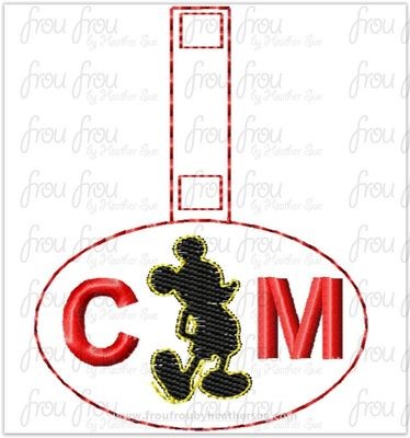 CM Mister Mouse in oval Key Fob, both short and long tab, velcro or snaps, THREE SIZES in the hoop Machine Applique Embroidery Design- 4", 7", and 10"