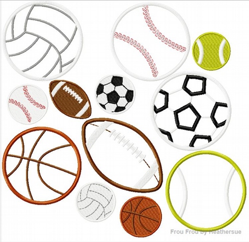 Ball SIX design SET Football, Soccer, Tennis, Volleyball, Basketball, and Baseball Machine Applique Embroidery Designs, multiple sizes including 1, 2, 4, 5, and 6 inchch