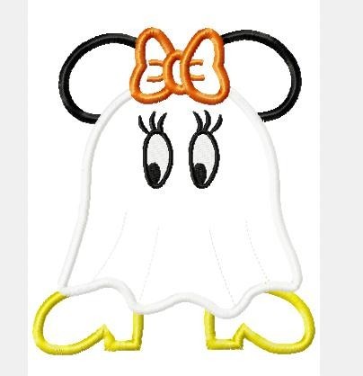 Miss Mouse dressed as Ghost Halloween Machine Applique Embroidery Design, multiple sizes, including 4 inch hoop