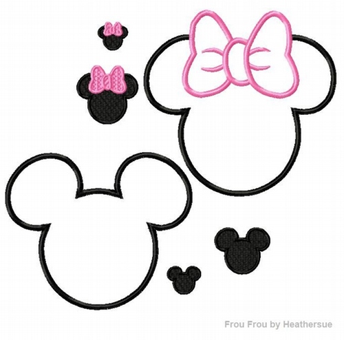 Mister and Miss Mouse Heads TWO design SET  Machine Applique Embroidery Designs, Multiple sizes including half, 1, 2,4, 6, and 7 inch