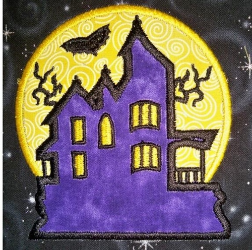 Moon and Haunted House  Halloween Machine Applique Embroidery Design, multiple sizes, including 4 inch