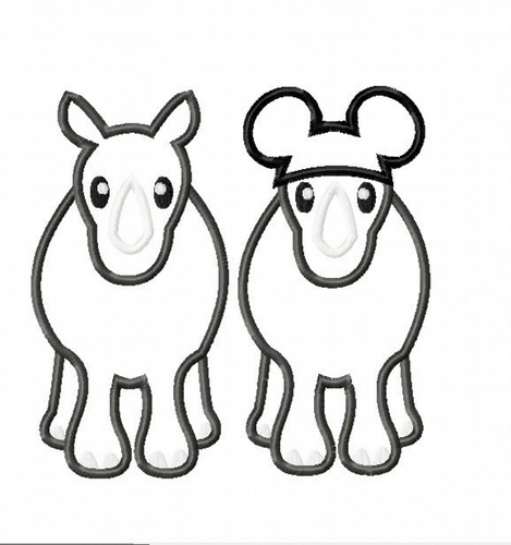 Rhino with and without Mister Mouse ears TWO DESIGNS Machine Applique Embroidery Design, Multiple sizes, including 4 inch