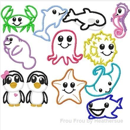 Sea Life Animals 12 Design SET Machine Applique Embroidery Designs, Multiple Sizes including 4 inch