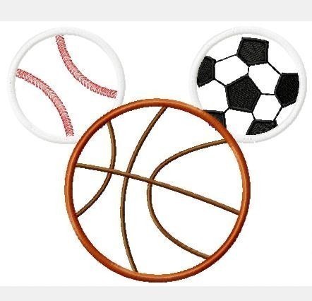 Soccer Ball, Baseball, and Basketball Mister or Miss Mouse Machine Applique Embroidery Design, Multiple sizes including 4 inch