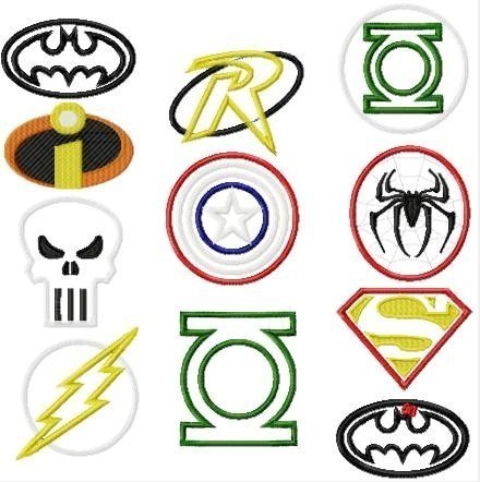 TWELVE Design Superhero SET Machine Applique Embroidery Designs, Multiple sizes including 1, 2, 4, 7, and 10 inch