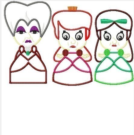 Wicked Stepmother and Stepsisters Little Princess cutiesTHREE DESIGN SET, Machine Applique Embroidery Design, Multiple Sizes- NOW INCLUDING 4 INCH