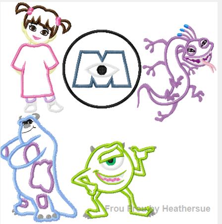 Monsters FIVE Design SET Machine Applique Embroidery Designs, Multiple sizes including 4 inch