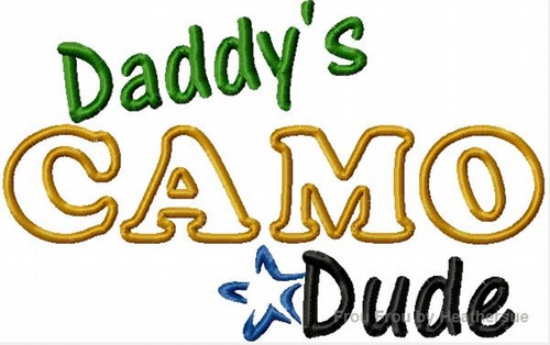 Daddy&#39;s or Mommy&#39;s Camo Dude TWO Machine Applique Embroidery Designs, Multiple Sizes, including 4 inch
