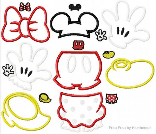 Mister and Miss Mouse Parts, bow, shoe, glove, skirt, pants, ears,  EIGHT Design SET, Machine Applique Embroidery Designs, multiple sizes, including half, 1, 2, 4, 5, and 6 inch