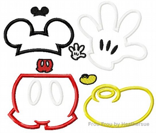 Mister Mouse Parts shoe, glove, pants, ears,  FOUR Design SET, Machine Applique Embroidery Designs, multiple sizes, including half, 1, 2, 4, 5, and 6 inch