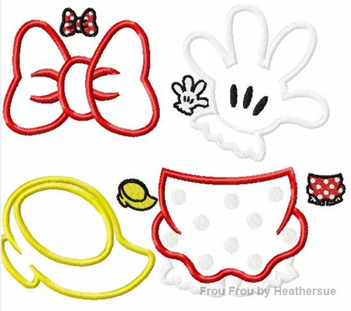 Miss Mouse Parts, bow, shoe, glove, skirt FOUR Design SET, Machine Applique Embroidery Designs, multiple sizes, including half, 1, 2, 4, 5, and 6 inch