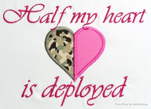 Half my heart is deployed Machine Applique Embroidery Design, Multiple Sizes, including 4 inch