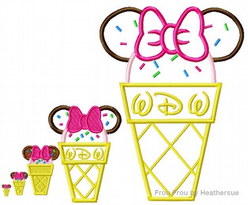 Ice Cream Cone Miss Miss Mouse Machine Applique Embroidery Design, Multiple sizes including half, 1, 2, 3, 4, 7, and 10 inch inch