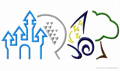 Four 4 parks, one world with sorcerer hat Machine Embroidery Design, multiple sizes including 1, 2, 3, 4, 7, and 10 inch