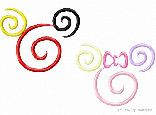Miss and Mister Mouse Spiral SET TWO Machine Embroidery Designs, multiple sizes including 1, 2, 3, 4, 5, and 6 inch