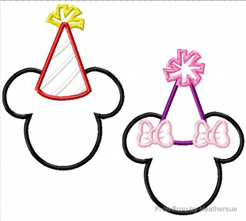 Mister and Miss Mouse Wearing Birthday Party Hats SET Machine Embroidery Applique Design, multiple sizes, including 4 inch