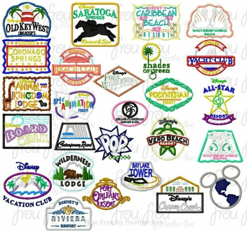Dis Resort Hotel Motel sign FIFTY-FOUR DESIGN SET machine applique Embroidery Design, multiple sizes- including 4  inch