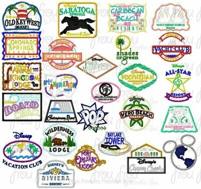 Dis Resort Hotel Motel sign FIFTY-FOUR DESIGN SET machine applique Embroidery Design, multiple sizes- including 4 inch