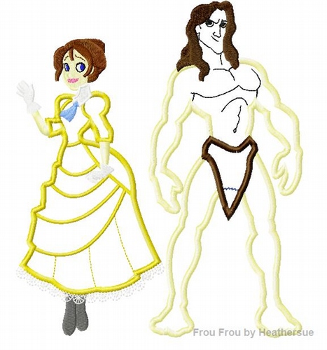 Tar Zen and Jan Jungle Woman and Man Machine Applique Embroidery Design, Multiple sizes including 4 inch