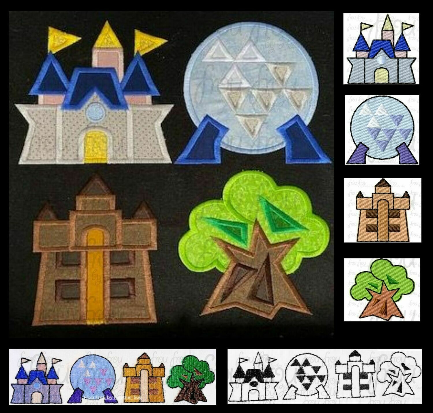 Four Theme Parks Designs 2020 Version Filled and Applique SIX designs, Machine Embroidery Design, multiple sizes from 1.5&quot;-16&quot;