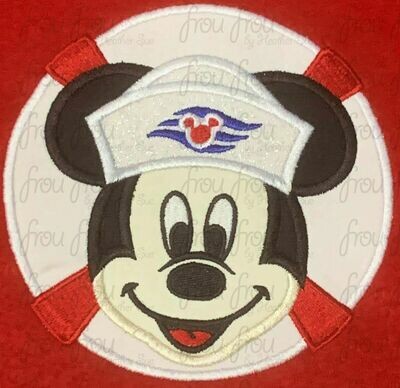 Life Preserver with Sailor Hat Mister Mouse Face Cruise Ship Machine Applique Embroidery Design, Multiple Sizes 4-16 inch