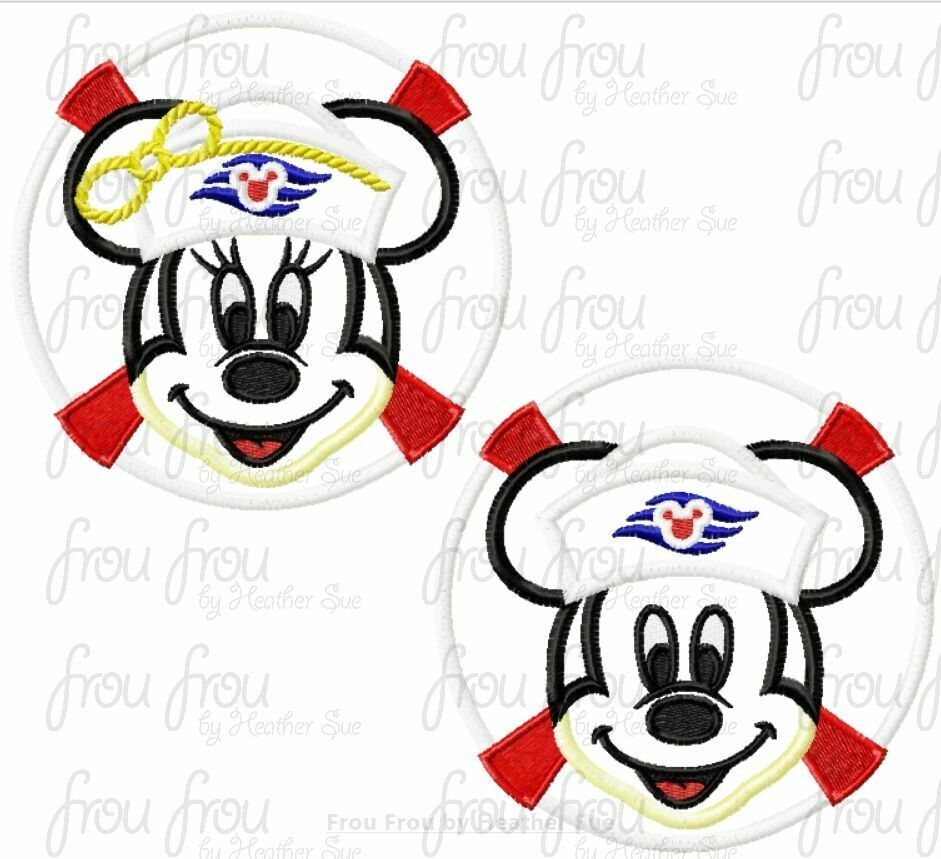 Life Preserver with Sailor Hat Miss and Mister Mouse Face TWO Design SET Cruise Ship Machine Applique Embroidery Design, Multiple Sizes 4-16 inch