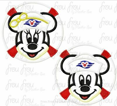 Life Preserver with Sailor Hat Miss and Mister Mouse Face TWO Design SET Cruise Ship Machine Applique Embroidery Design, Multiple Sizes 4-16 inch
