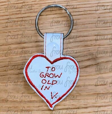 To Grow Old In V Heart Superhero Key Fob, short and long tab, velcro or snaps, THREE SIZES in the hoop Machine Applique Embroidery Design- 4