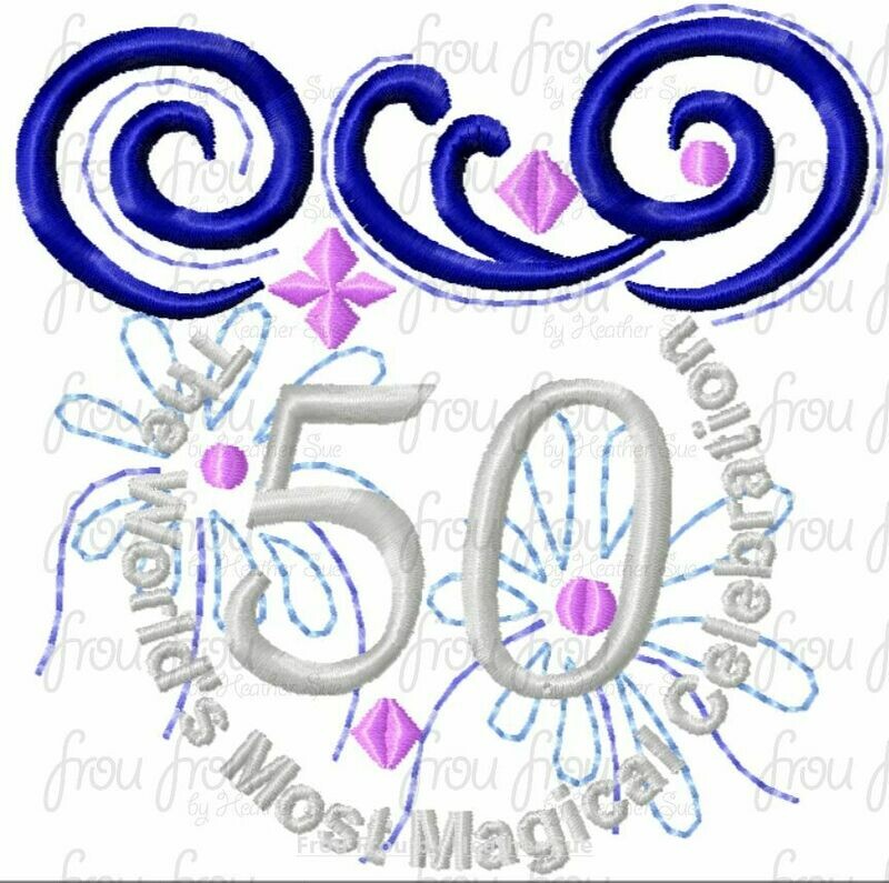 Dis World 50th Anniversary Celebration Wording Mister and Miss Mouse Head Filled Embroidery Design 3"-16"