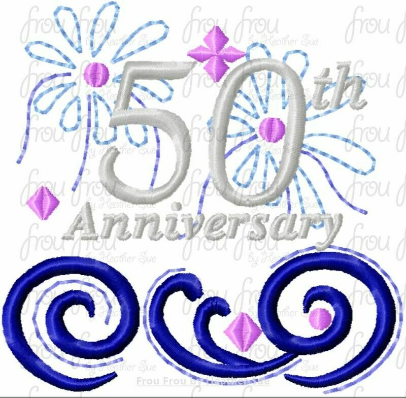 Dis World 50th Anniversary Wording Mister and Miss Mouse Clothing Filled Embroidery Design 3"-16'