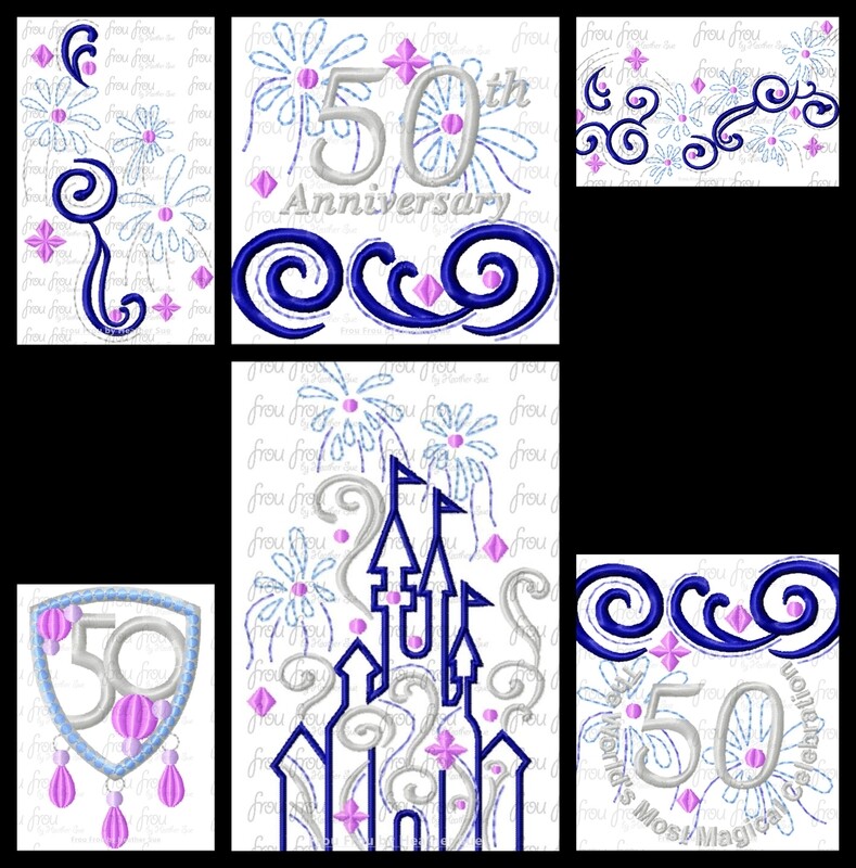 Dis World 50th Anniversary SIX Design SET Mister and Miss Mouse Clothing Filled Embroidery Design, multiple sizes, some in 1.5"-16"