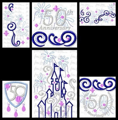 Dis World 50th Anniversary SIX Design SET Mister and Miss Mouse Clothing Filled Embroidery Design, multiple sizes, some in 1.5