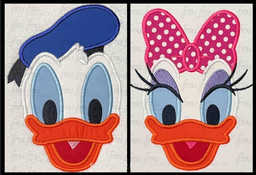 Don and Dasey Duck Just Head Straight TWO Design SET Machine Applique and Filled Embroidery Design, Multiple Sizes 2&quot;-16&quot;