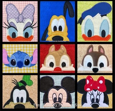 Mister Mouse and Friends Peekers NINE Design SET Machine Applique and Filled Embroidery Design, Multiple Sizes, including 2