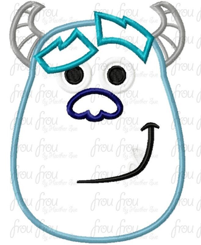 Sullivan Monster Just Head Machine Applique and Filled Embroidery Design, Multiple sizes 2"-16"