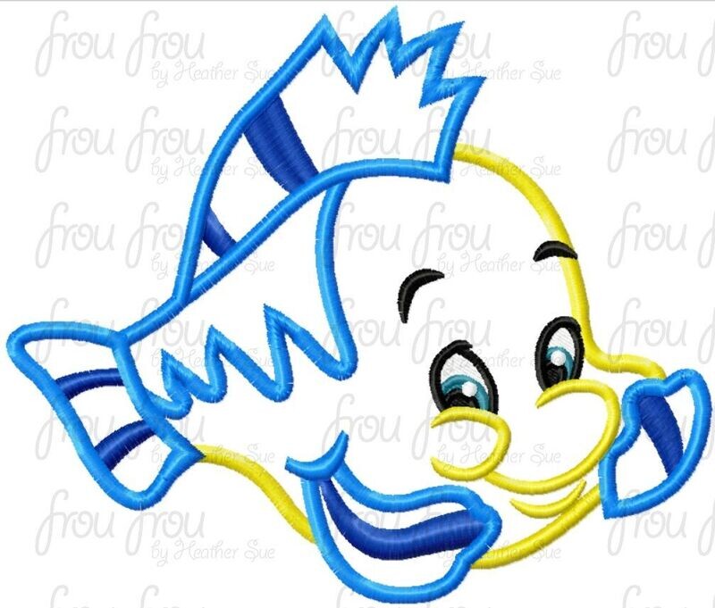 Flunder  Mermaid Fish Machine Applique and Filled Embroidery Design, Multiple sizes 2"-16"