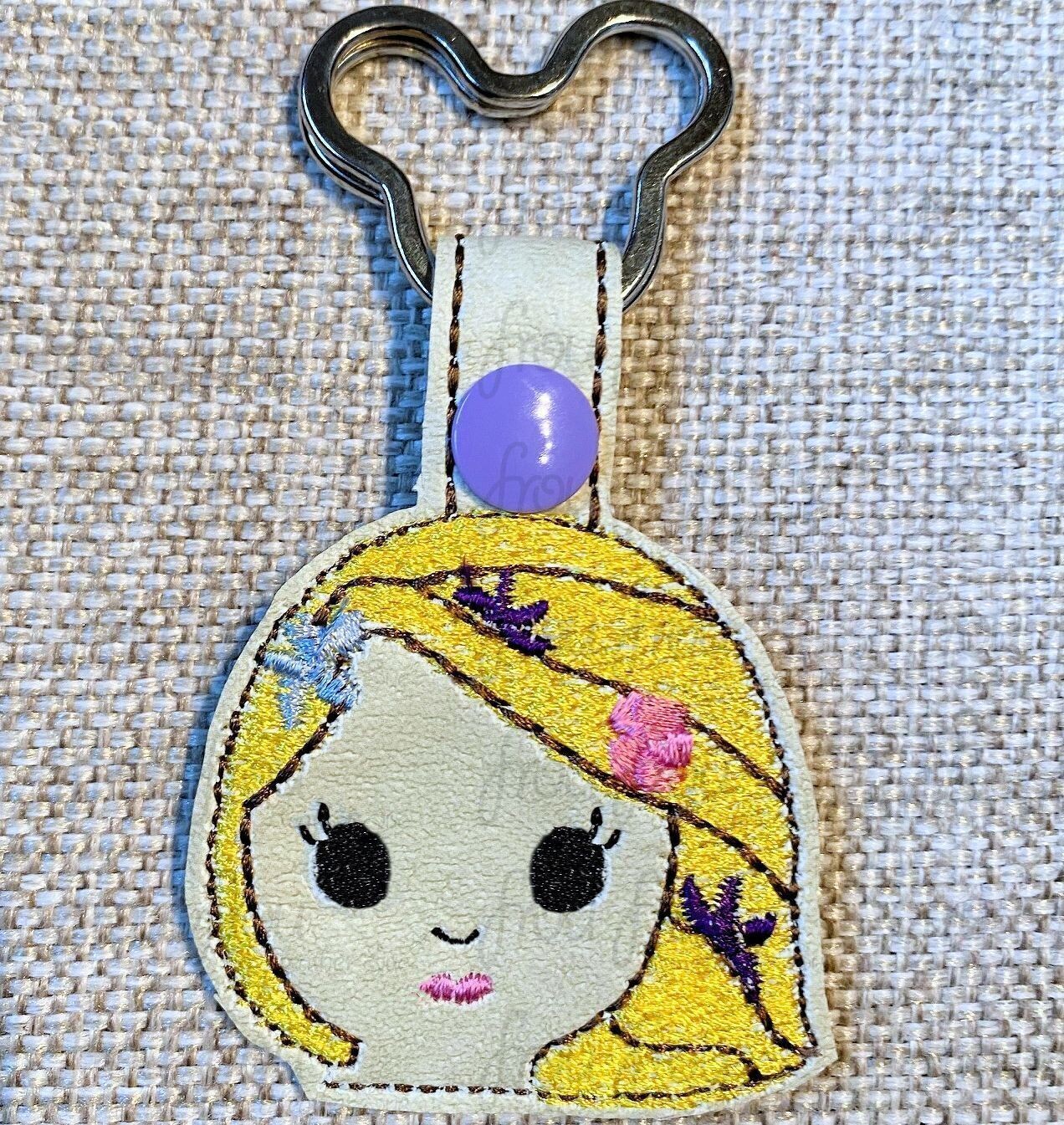 Punzel Cutie Little Princess Key Fob, both short and long tab, velcro or snaps, THREE SIZES in the hoop Machine Applique Embroidery Design- 4