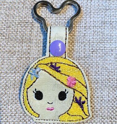 Punzel Cutie Little Princess Key Fob, both short and long tab, velcro or snaps, THREE SIZES in the hoop Machine Applique Embroidery Design- 4", 7", and 10"