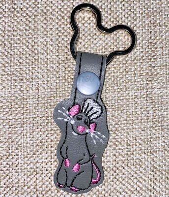 Rem Rat A Tooey Key Fob, Two versions each, short and long tab, velcro or snaps, THREE SIZES in the hoop Machine Applique Embroidery Design- 4", 7", and 10"