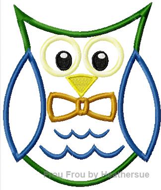 Owl with bow tie Machine Applique Embroidery Design, multiple sizes, including 4 inch