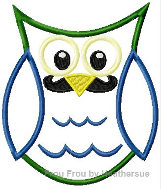 Owl with Mustache Machine Applique Embroidery Design, multiple sizes, including 4 inch