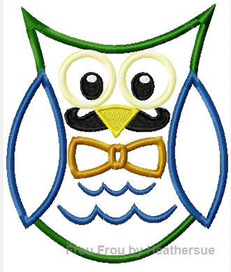 Owl with Mustache and Bow Tie Machine Applique Embroidery Design, multiple sizes, including 4 inch