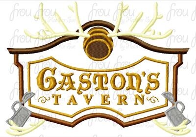 Gason's Tavern Restaurant Logo Sign Wording Machine Applique and filled Embroidery Design, multiple sizes including 3"-16"
