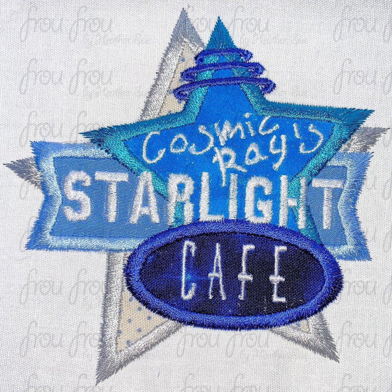 Cosmic Restaurant Starlight Cafe Logo Sign Wording Machine Applique and filled Embroidery Design, multiple sizes including 3"-16"