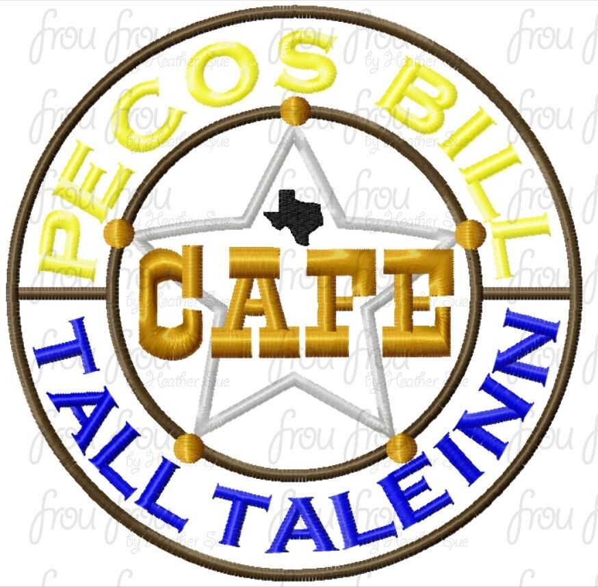 Pesos Bill Tall Tale Inn Restaurant Logo Sign Wording Machine Applique and filled Embroidery Design, multiple sizes including 3