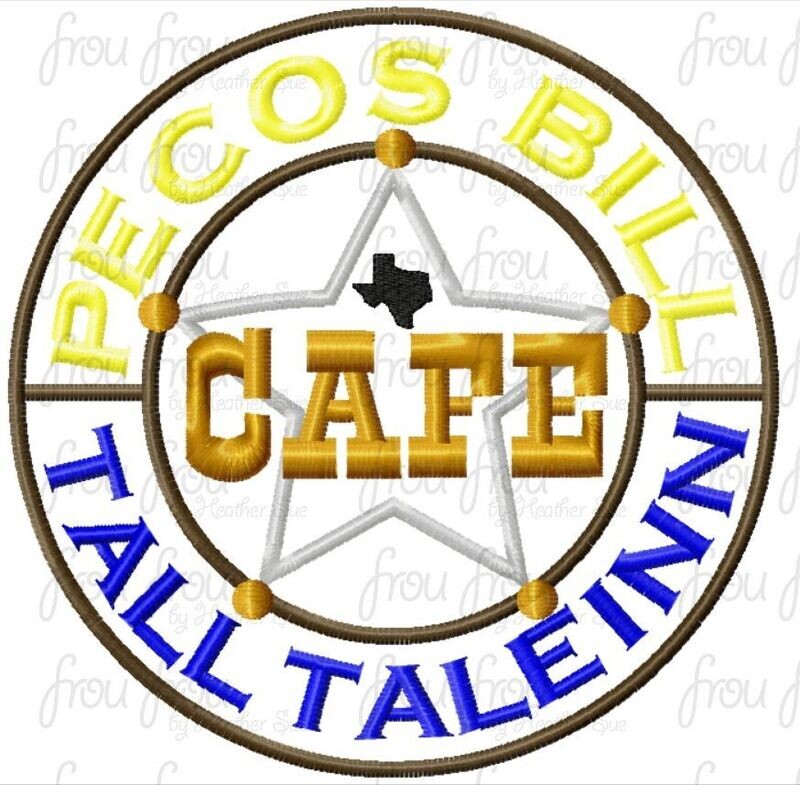 Pesos Bill Tall Tale Inn Restaurant Logo Sign Wording Machine Applique and filled Embroidery Design, multiple sizes including 3&quot;-16&quot;
